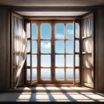 Cómo instalar una ventana Termopanel 2 DALL·E 2024 03 06 22.39.55 Una ventana clasica de madera con marcos blancos vidrios transparentes que reflejan un cielo azul claro. La ventana esta ligeramente abierta permiti